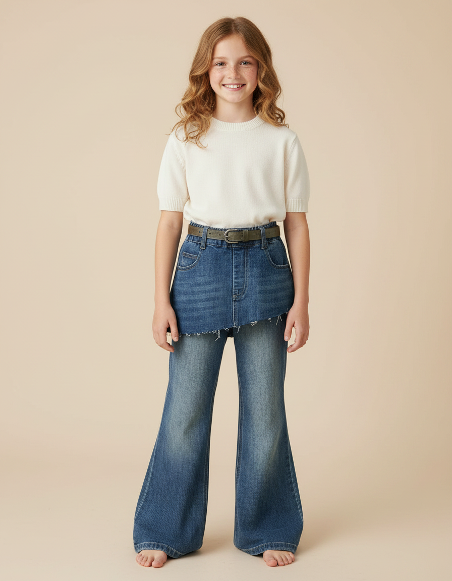 Pantalon Jupe Denim Bleu Évasé Superposé Enfant - Jean