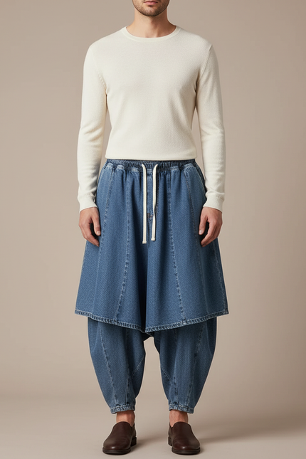 Pantalon Jupe Denim Ample Décontracté Homme - Bleu Jean