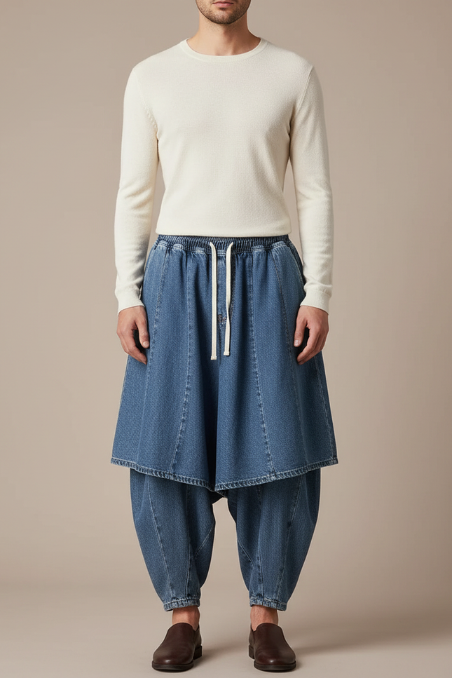 Pantalon Jupe Denim Ample Décontracté Homme - Bleu Jean