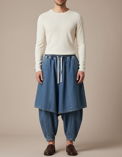 Pantalon Jupe Denim Ample Décontracté Homme - Bleu Jean