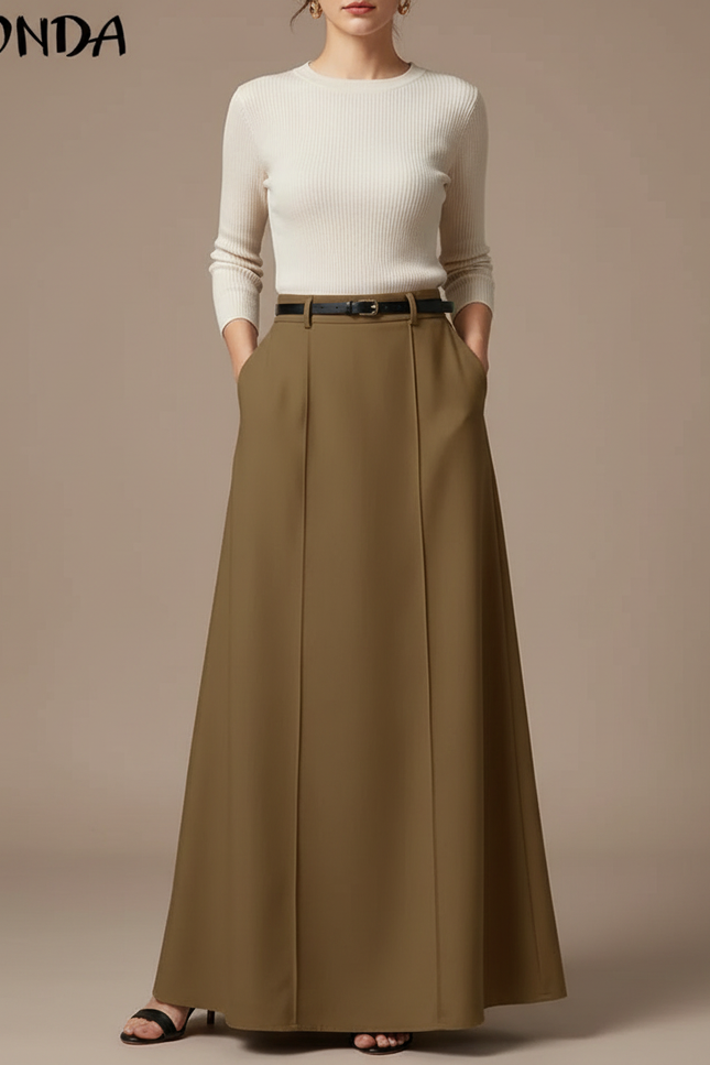 Pantalon Jupe Marron Plissé Ample Élégant Long - Kaki Gabardine