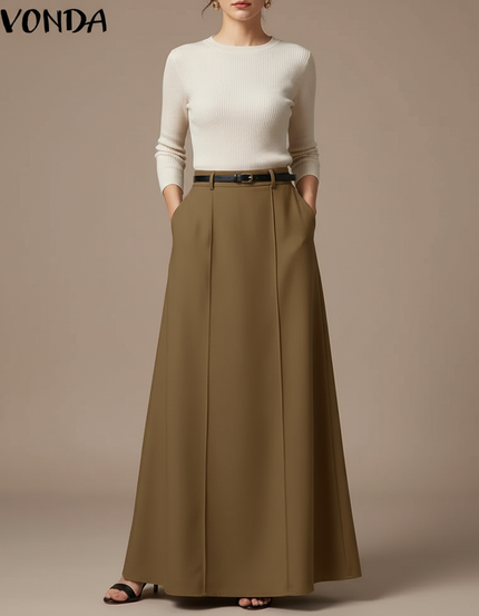 Pantalon Jupe Marron Plissé Ample Élégant Long - Kaki Gabardine