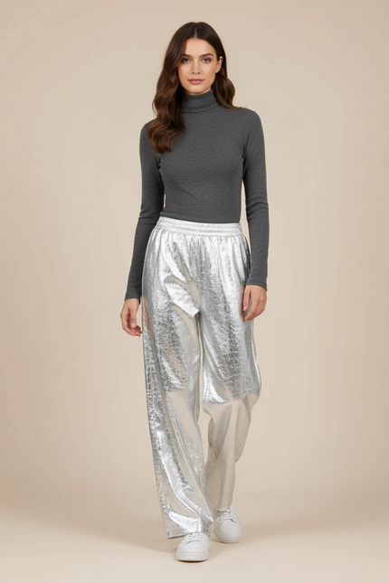 Pantalon Jupe Argenté Large Brillant Métallisé Fluide - Polyester