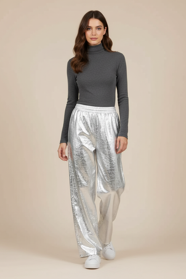 Pantalon Jupe Argenté Large Brillant Métallisé Fluide - Polyester