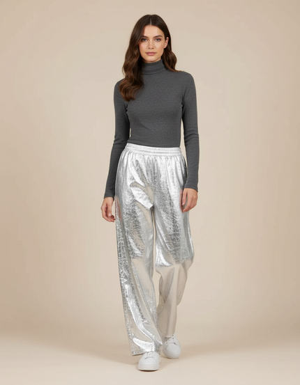 Pantalon Jupe Argenté Large Brillant Métallisé Fluide - Polyester