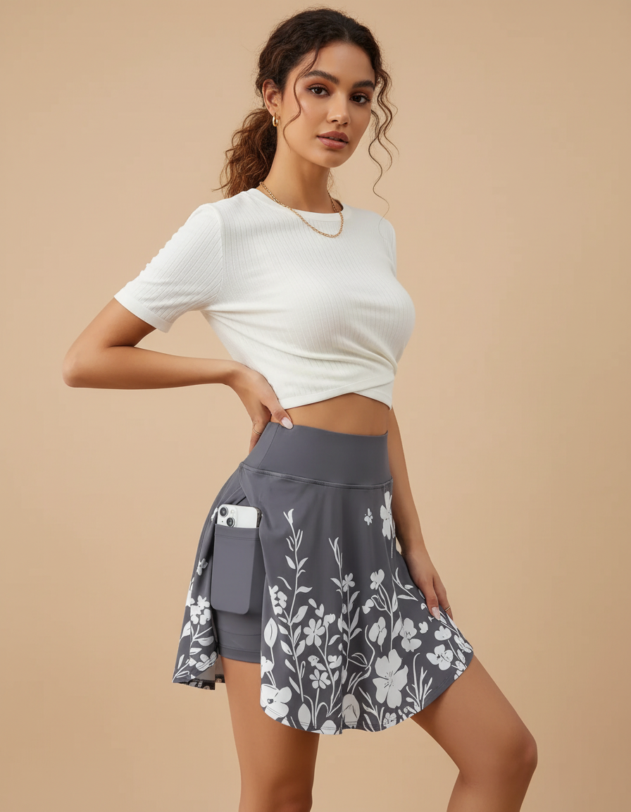 Pantalon Jupe Gris Floral Coton Moulant Sportif - Polyester