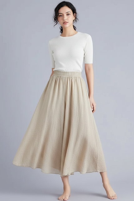 Pantalon Jupe Ample Beige Coton Lin Fluide Décontracté