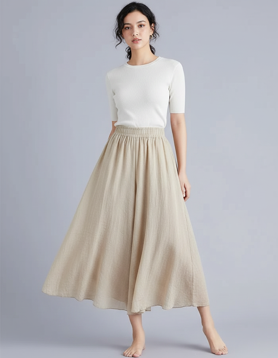 Pantalon Jupe Ample Beige Coton Lin Fluide Décontracté