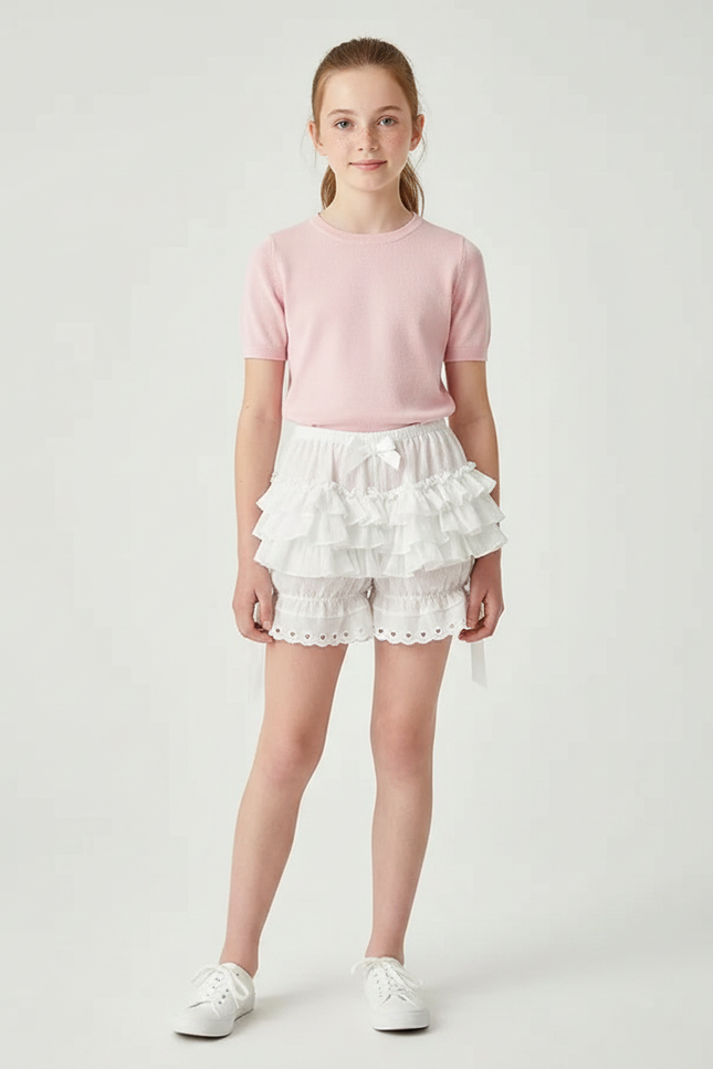Pantalon Jupe Blanc Volants Superposés Rubans Fille - Coton