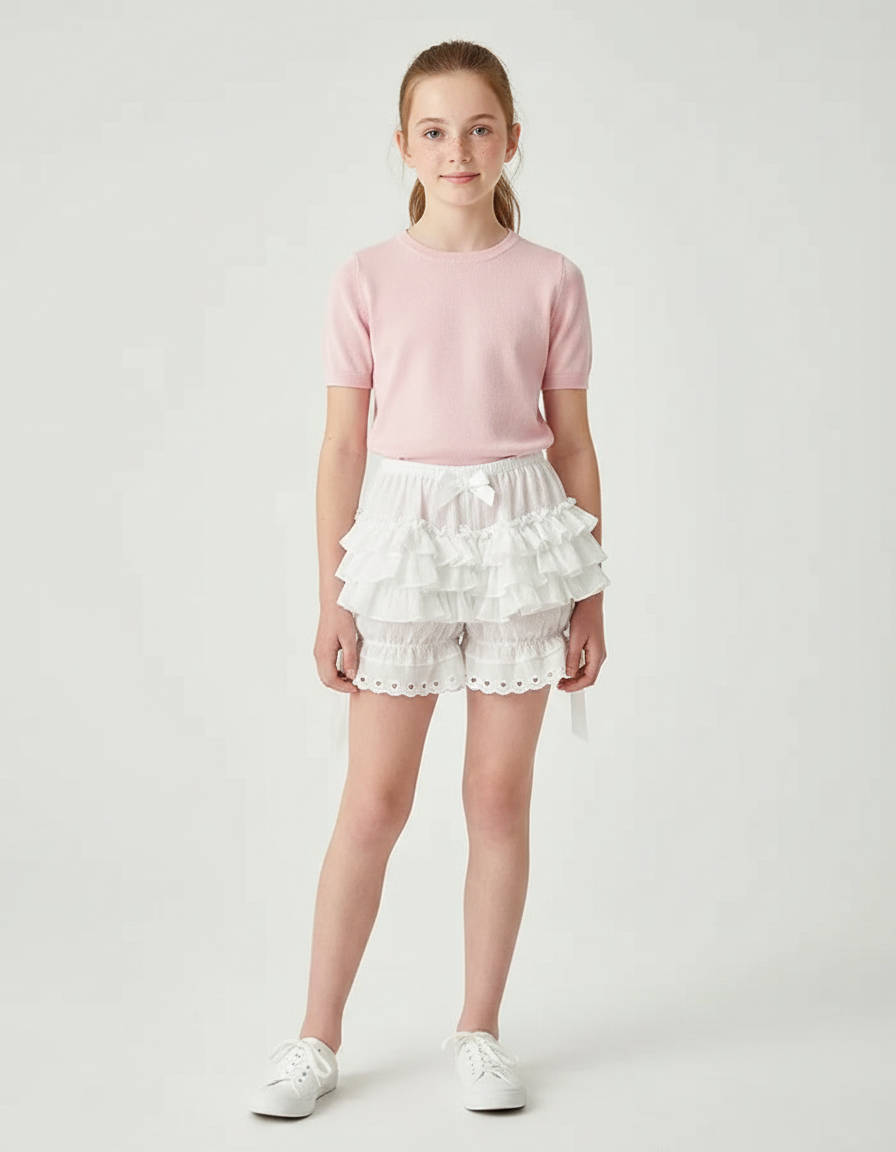Pantalon Jupe Blanc Volants Superposés Rubans Fille - Coton