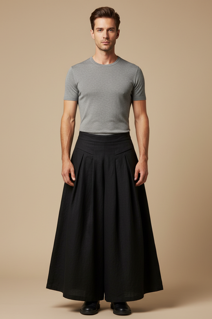 Pantalon Jupe Noir Plissé Ample Coton Lin