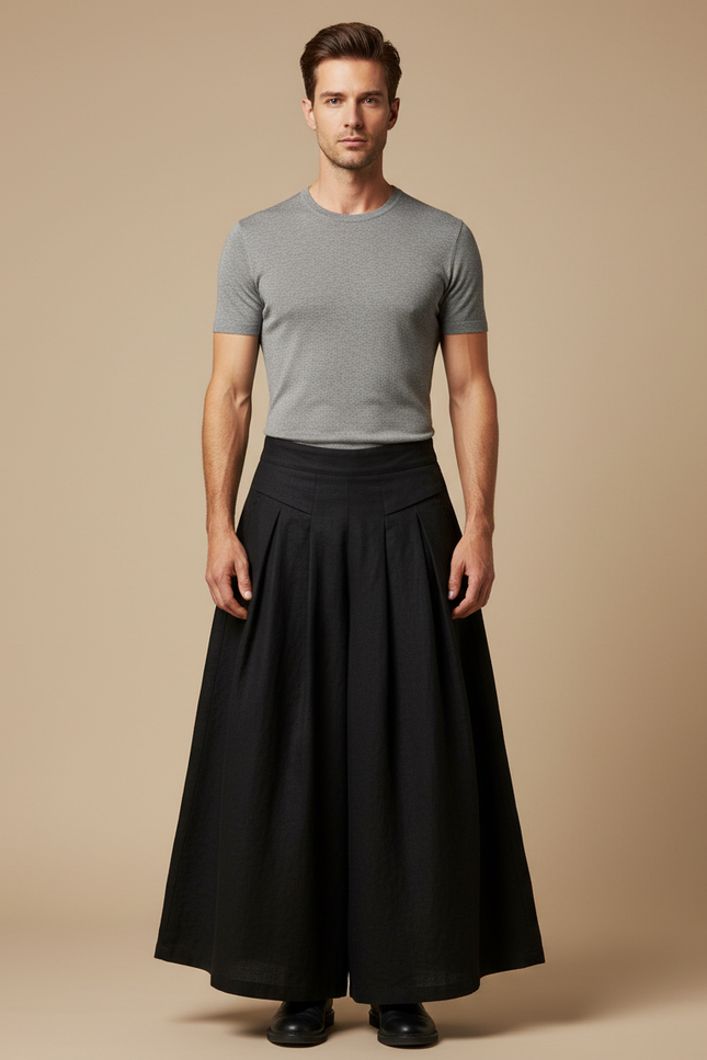 Pantalon Jupe Noir Plissé Ample Coton Lin