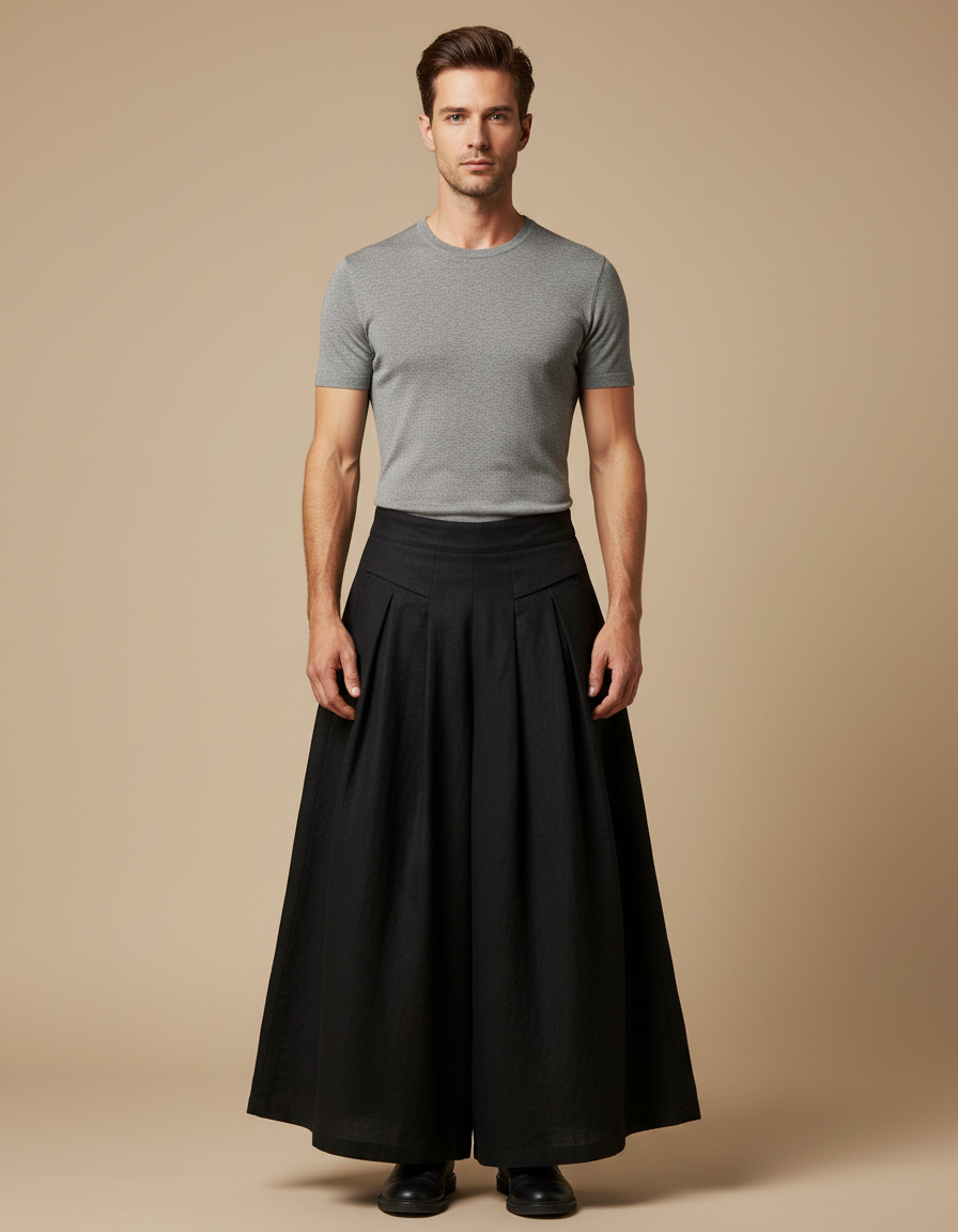 Pantalon Jupe Noir Plissé Ample Coton Lin