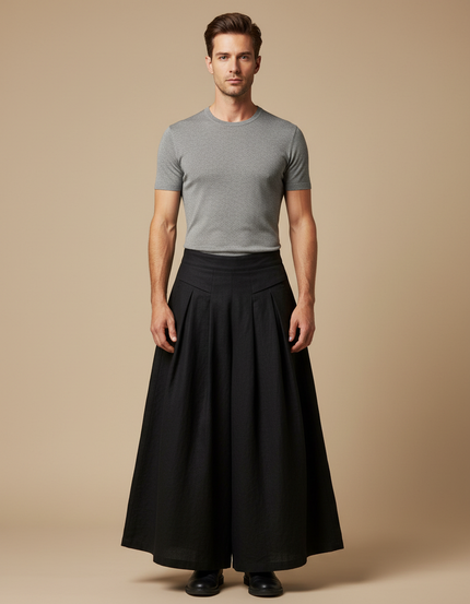 Pantalon Jupe Noir Plissé Ample Coton Lin