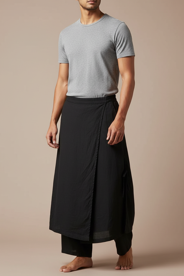 Pantalon Avec Jupe Superposée - Noir Coton