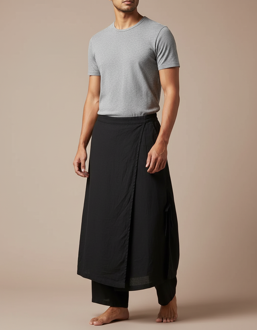 Pantalon Avec Jupe Superposée - Noir Coton