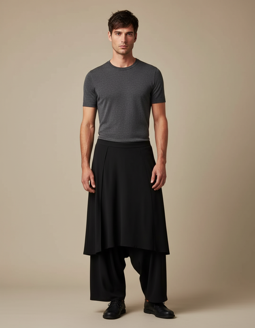Pantalon Jupe Noir Ample Fluide Moderne Homme - Polyester