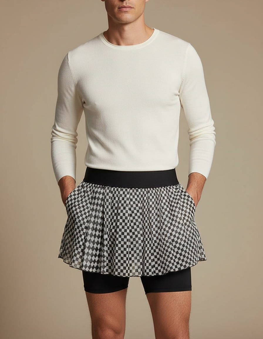 Pantalon Jupe Échecs Plissé Sport Courte Transparente - Noir Polyester