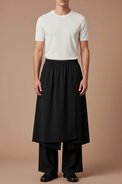 Pantalon Jupe Noir Ample Superposé Masculin Élégant - Polyester