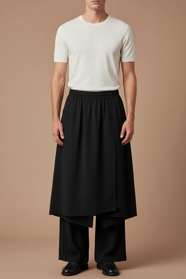 Pantalon Jupe Noir Ample Superposé Masculin Élégant - Polyester