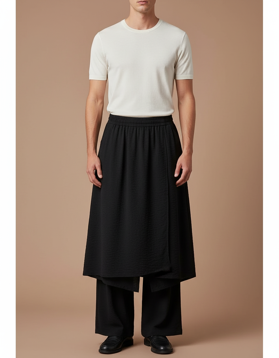 Pantalon Jupe Noir Ample Superposé Masculin Élégant - Polyester