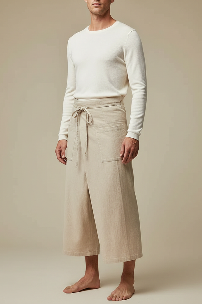 Pantalon Jupe Beige Coton Ample Drapé Homme - Toile