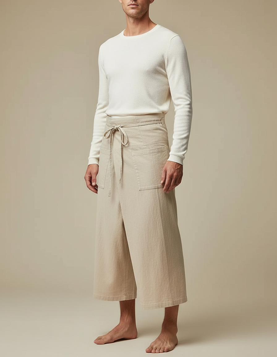Pantalon Jupe Beige Coton Ample Drapé Homme - Toile