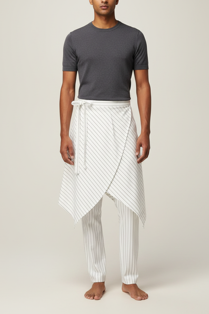 Pantalon Jupe Blanc Rayé Asymétrique Décontracté - Coton