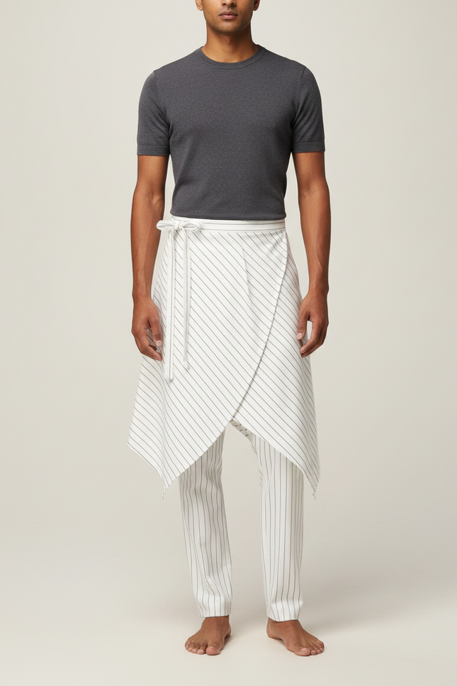 Pantalon Jupe Blanc Rayé Asymétrique Décontracté - Coton
