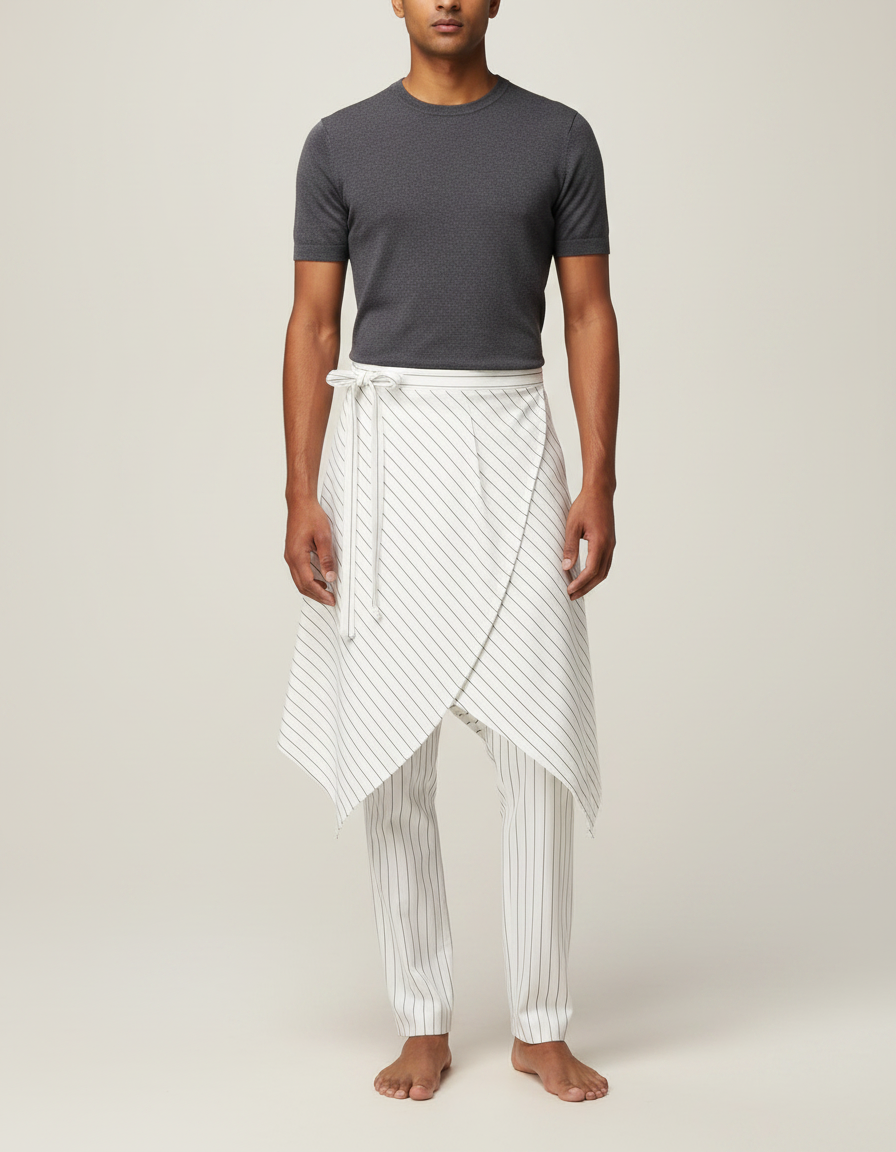 Pantalon Jupe Blanc Rayé Asymétrique Décontracté - Coton