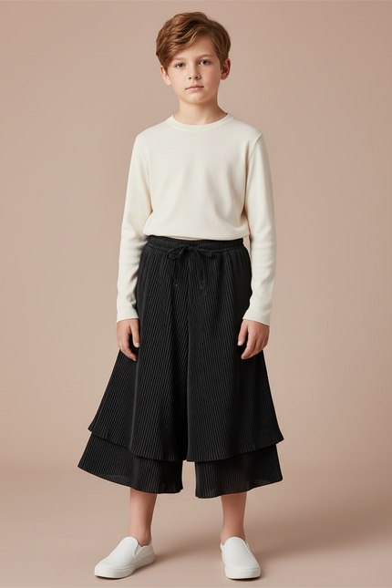 Pantalon Jupe Noir Plissé Ample Enfant Décontracté - Polyester
