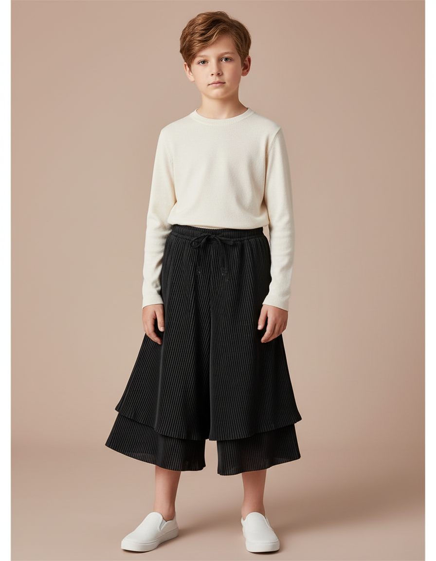Pantalon Jupe Noir Plissé Ample Enfant Décontracté - Polyester