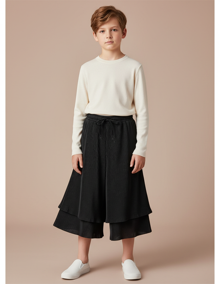 Pantalon Jupe Noir Plissé Ample Enfant Décontracté - Polyester