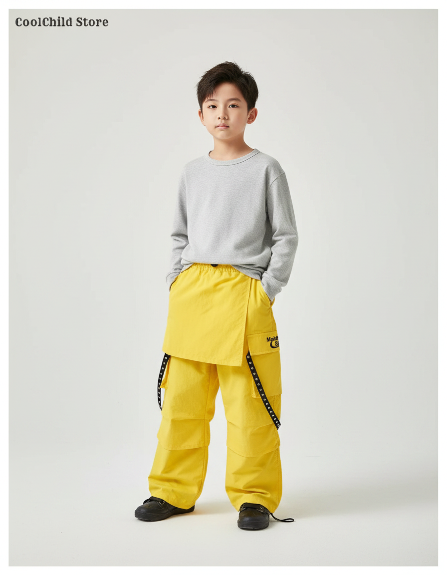 Pantalon Jupe Jaune Cargo Asymétrique Garçon Streetwear - Polyester