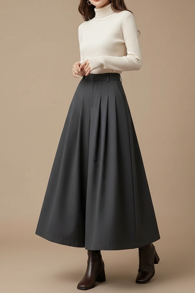 Pantalon Jupe Gris Plissé Ample Taille Haute Élégant - Polyester