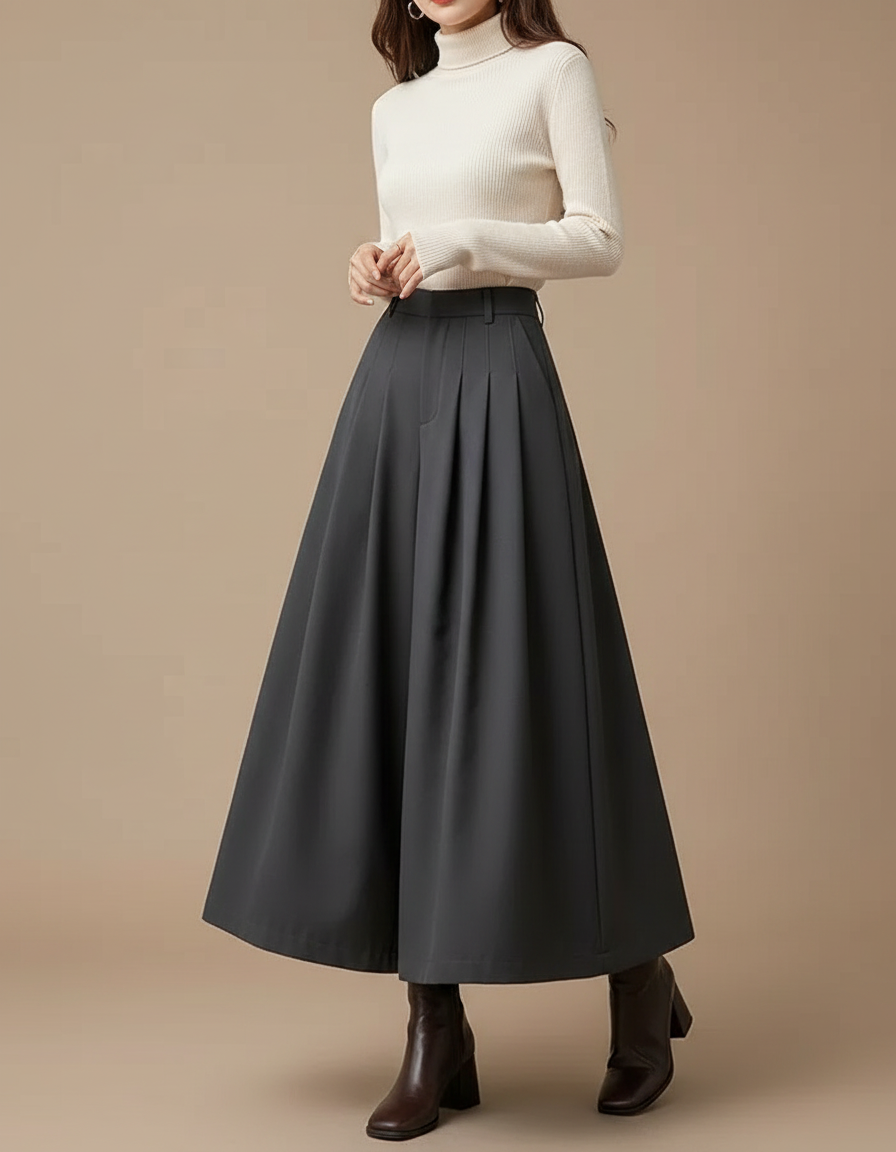 Pantalon Jupe Gris Plissé Ample Taille Haute Élégant - Polyester