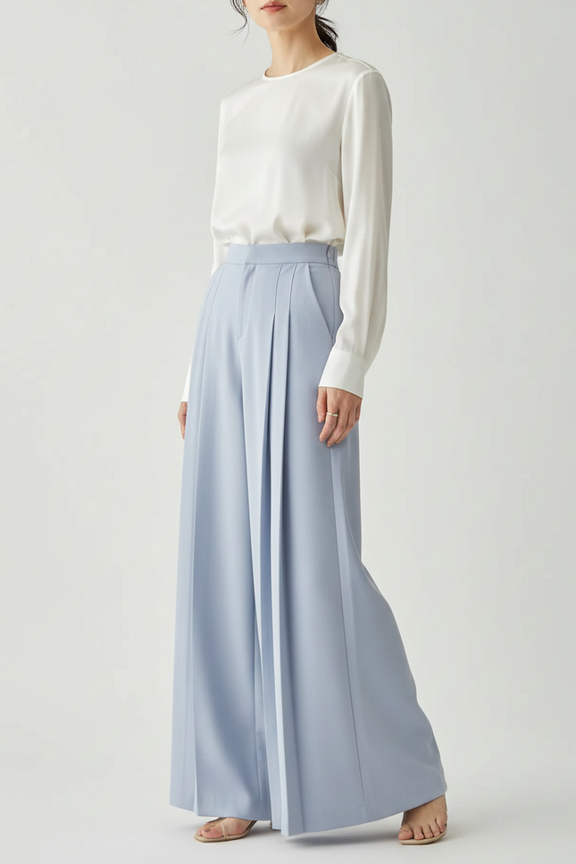 Pantalon Jupe Bleu Ciel Plissé Ample Fluide Élégant - Viscose