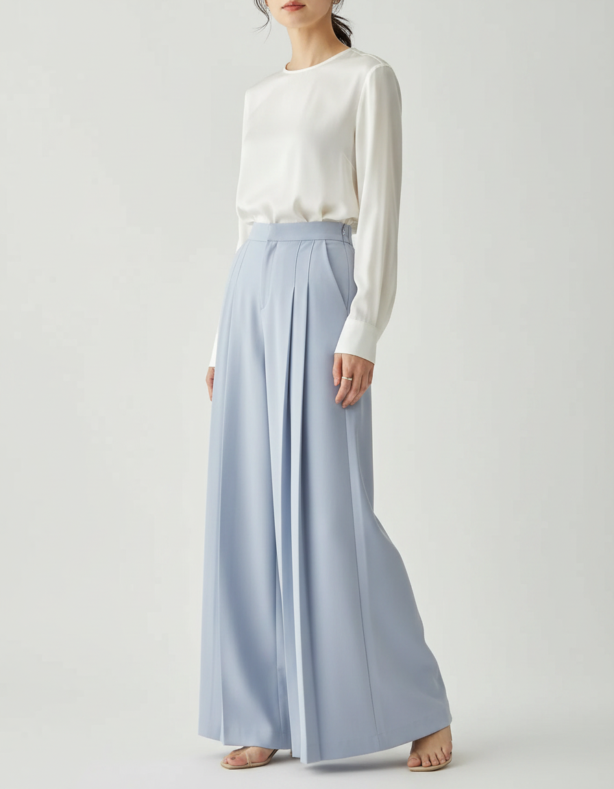 Pantalon Jupe Bleu Ciel Plissé Ample Fluide Élégant - Viscose