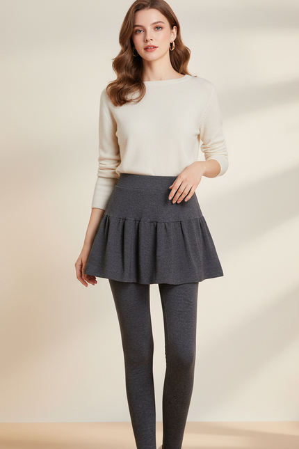 Pantalon Jupe Gris Plissé Intégré Chaud Hiver - Molleton