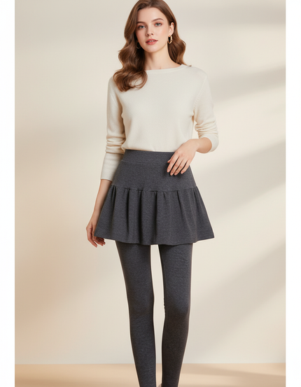 Pantalon Jupe Gris Plissé Intégré Chaud Hiver - Molleton