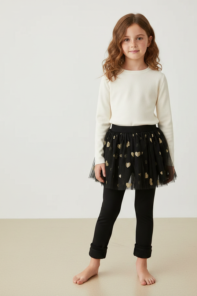 Pantalon Jupe Noir Tulle Cœurs Dorés Intégré Fille - Molleton