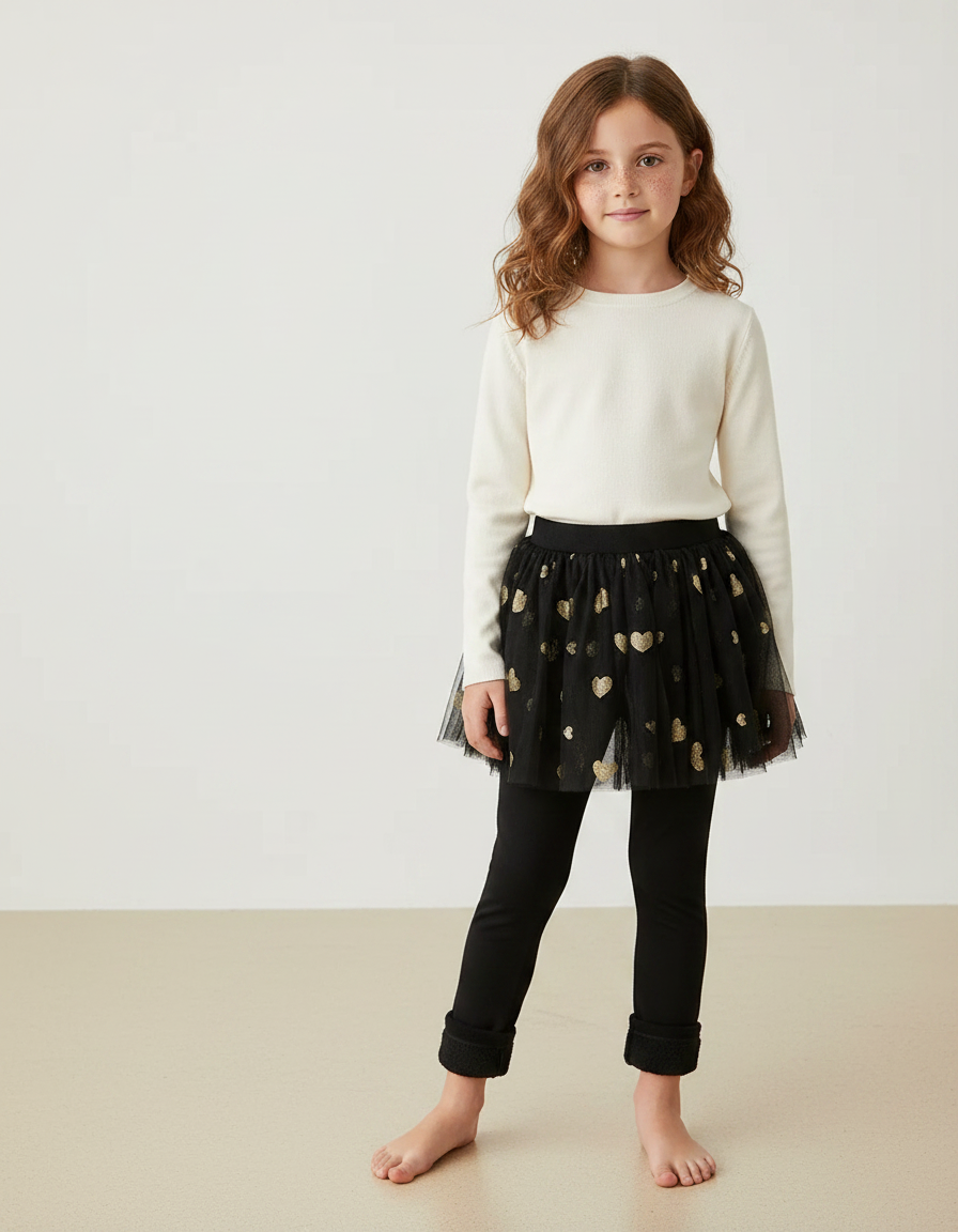 Pantalon Jupe Noir Tulle Cœurs Dorés Intégré Fille - Molleton