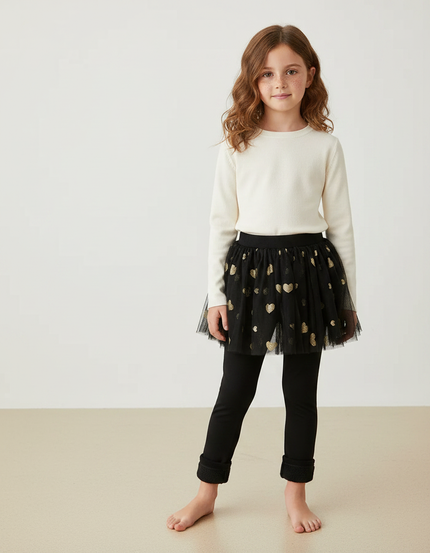 Pantalon Jupe Noir Tulle Cœurs Dorés Intégré Fille - Molleton
