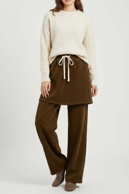 Pantalon Jupe Marron Côtelé Ample Superposé Confortable - Cordé