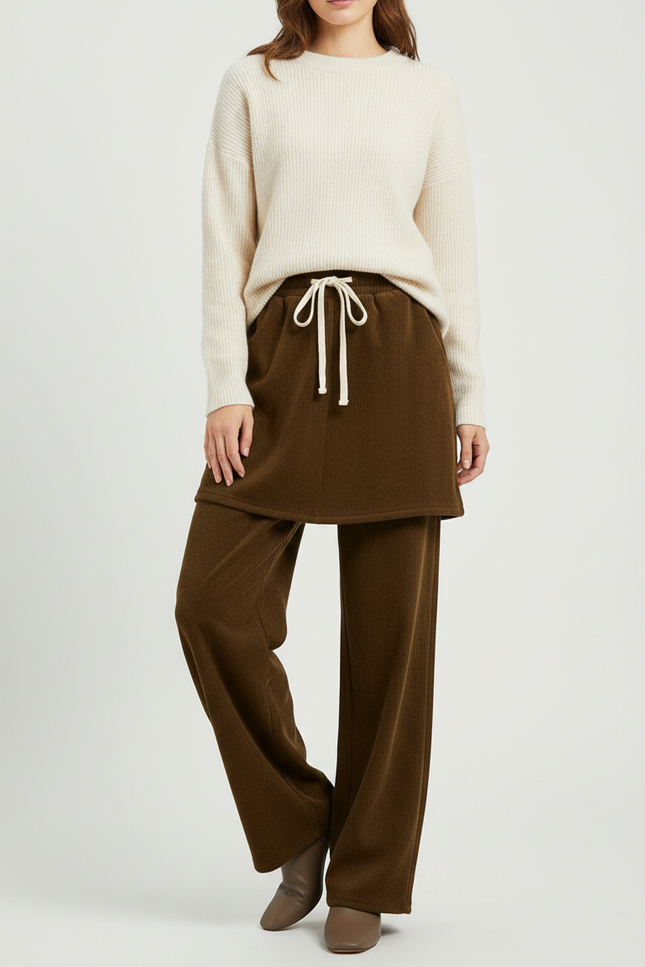 Pantalon Jupe Marron Côtelé Ample Superposé Confortable - Cordé
