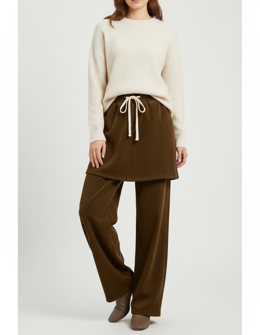 Pantalon Jupe Marron Côtelé Ample Superposé Confortable - Cordé