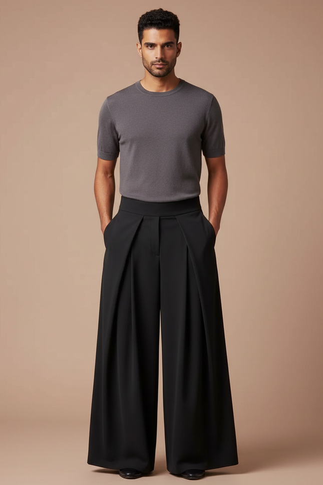 Pantalon Jupe Noir Plissé Ample Élégant - Polyester