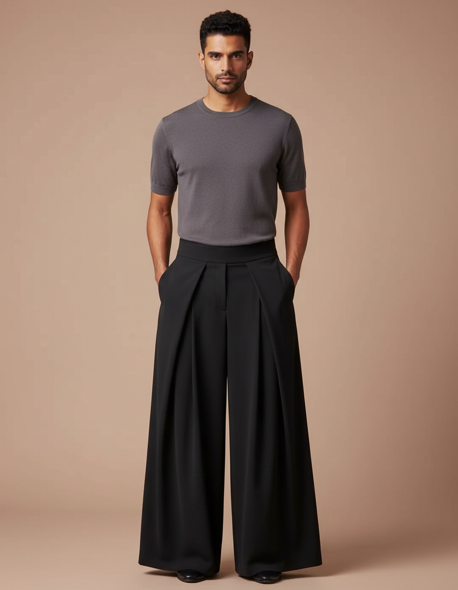 Pantalon Jupe Noir Plissé Ample Élégant - Polyester