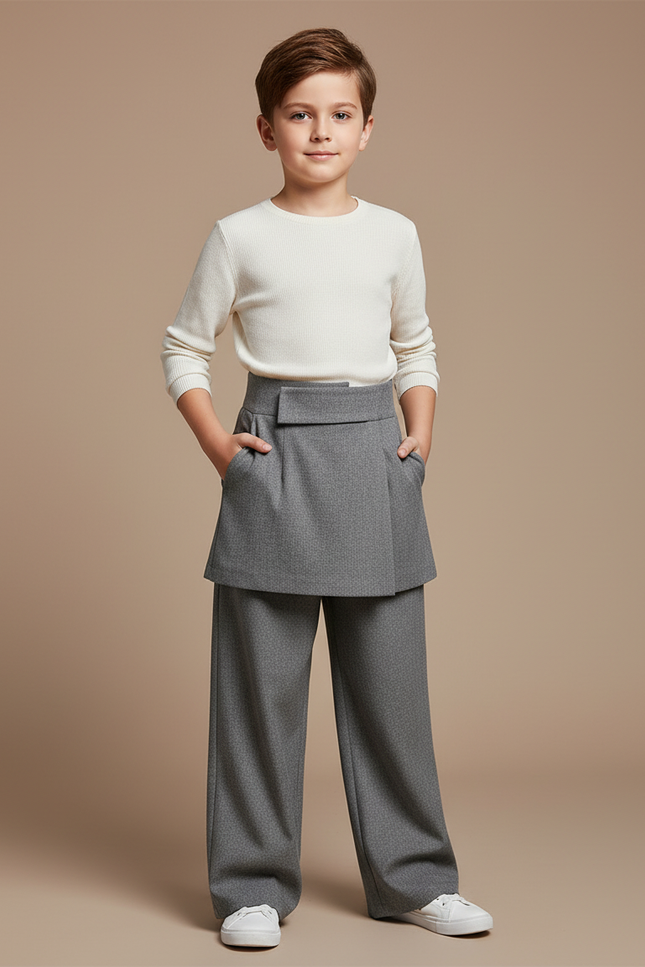 Pantalon Jupe Gris Ample Décontracté Épais Tissé - Laine