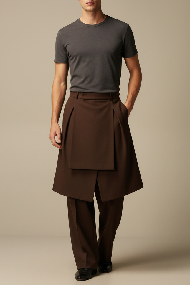 Pantalon Jupe Marron Plissé Superposé Ample Élégant - Polyester